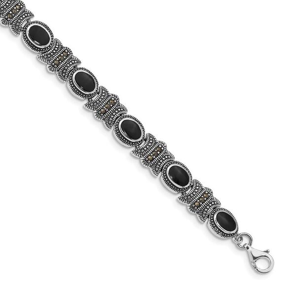 Kazi Luxury Sterling Silver Rhodium-plated Marcasite and Onyx 7.25 inch Bracelet
